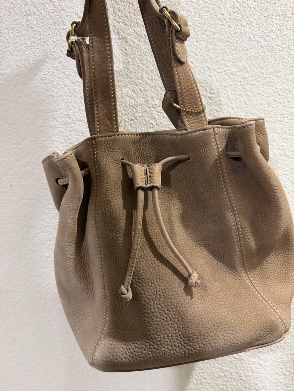Classic Taupe Leather Drawstring Bucket Bag - Womens
